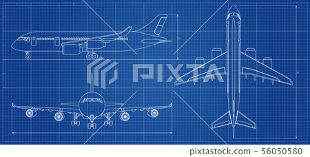Airplane blueprint. Outline aircraft on blue background. Vector illustration Airplane blueprint. Outline aircraft on blue background. Vector illustration 56050580