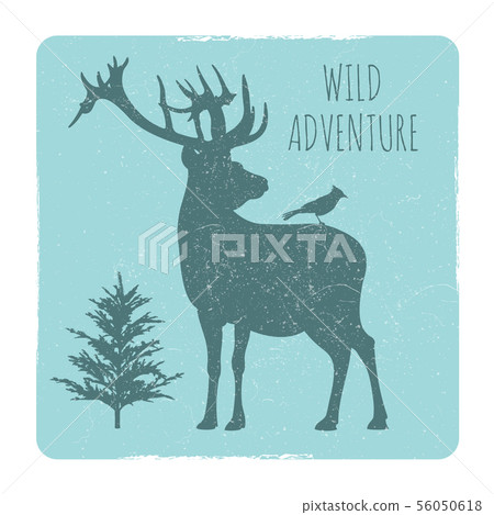 Wild forest adventures emblem with deer and bird silhouette 56050618