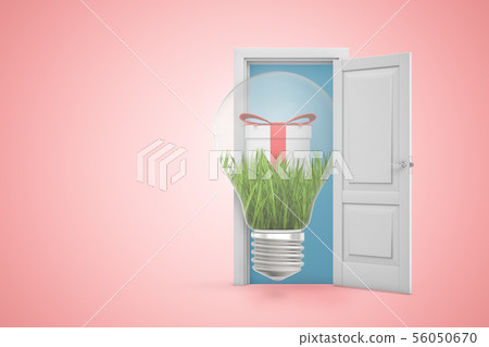 3d rendering of open door on pink gradient copyspace background and big lightbulb with grass and 56050670