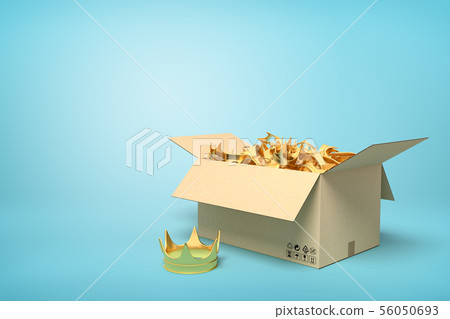3d rendering of cardboard box full of golden crowns on blue background. 3d rendering of cardboard box full of golden crowns on blue background. 56050693