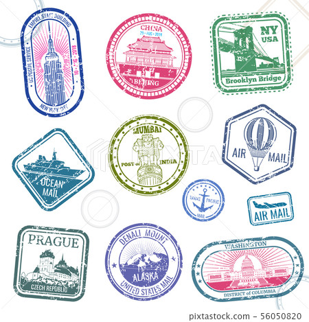 Vintage passport travel vector stamps with international symbols and famous trademark Vintage passport travel vector stamps with international symbols and famous trademark 56050820