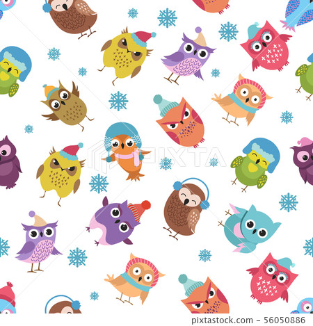 Funny winter owls vector seamless pattern. Christmas holiday background Funny winter owls vector seamless pattern. Christmas holiday background 56050886