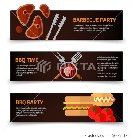 Horizontal banners BBQ, burgers and grill tongs on black background 56051381