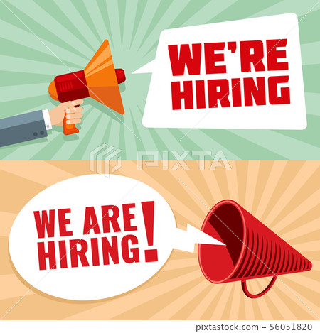 Businessman hand holding megaphone with were hiring text in bubble. Recruitment vector concept 56051820