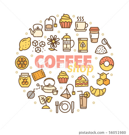Coffee Shop Banner Round Design Template Thin Line Icon Concept. Vector Coffee Shop Banner Round Design Template Thin Line Icon Concept. Vector 56051980