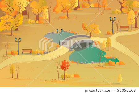 Autumn landscape path in the forest with a bridge over the pond. Beautiful scenery with golden Autumn landscape path in the forest with a bridge over the pond. Beautiful scenery with golden 56052168
