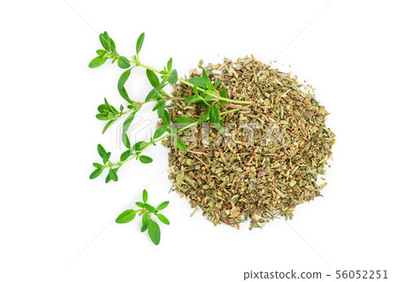 Green thyme with dried thyme leaves isolated on white background close up 56052251