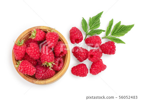 raspberries in wooden bowl with leaves isolated on white background. Top view. Flat lay 56052483