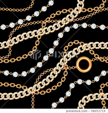 Seamless pattern background with gemstones and chains golden metallic necklace. On black. Vector Seamless pattern background with gemstones and chains golden metallic necklace. On black. Vector 56052714