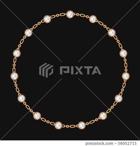 Round frame made with golden chain and gemstones. On black. Vector illustration 56052715