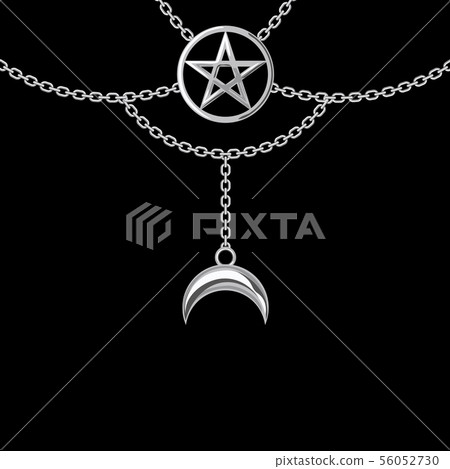 Background with silver metallic necklace. Pentagram pendant and chains. On black. Vector Background with silver metallic necklace. Pentagram pendant and chains. On black. Vector 56052730