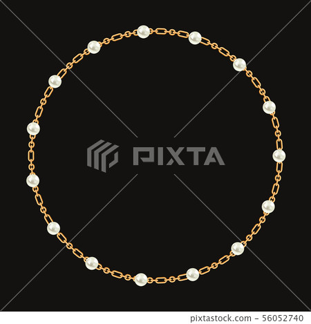 Round frame made with golden chain and white pearls. On black. Vector illustration 56052740