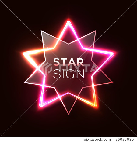 Abstract neon star with shiny glare plastic star shape plate. Night club casino electric frame. 3d 56053080