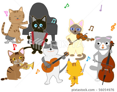 Cat concert. The cat sings or plays a musical instrument 56054976
