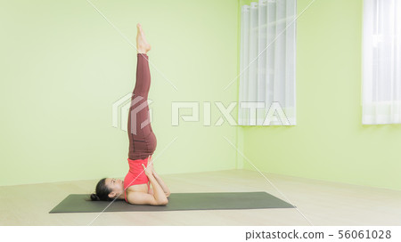 Woman practicing yoga sholder stand pose. Woman practicing yoga sholder stand pose. 56061028