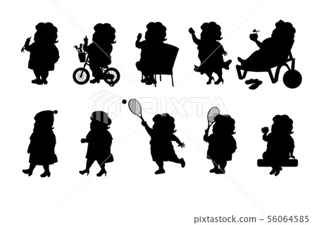 Set - a fat woman in different situations. Black silhouette 56064585