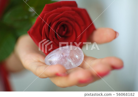 Female hands with manicure holding a yoni egg and red rose. The flower as a symbol of menstruation Female hands with manicure holding a yoni egg and red rose. The flower as a symbol of menstruation 56068182