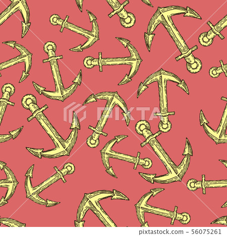Vintage Anchor Hand Drawn Seamless Pattern Background. Vector 56075261