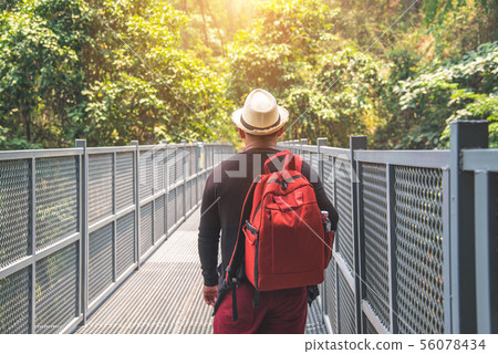 traveling backpacker walking on Canopy walkway at traveling backpacker walking on Canopy walkway at 56078434