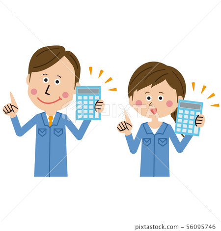 流行藍色制服的工人的男性和女性計算器 56095746