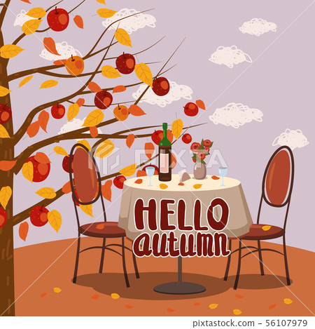 Hello Autumn cafe table with wine for two persons autumn branches of falling leaves foliage, chairs 56107979