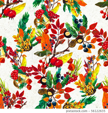Autumn watercolor hand drawn seamless pattern with leaves mushrooms and pine cones 56122635