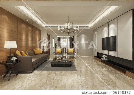 modern yellow sofa in living room with dining zone 56148372