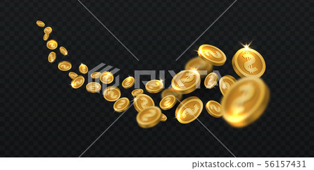 Flying golden coins. Gold coin rain isolated. Jackpot winning cash 3d vector illustration Flying golden coins. Gold coin rain isolated. Jackpot winning cash 3d vector illustration 56157431