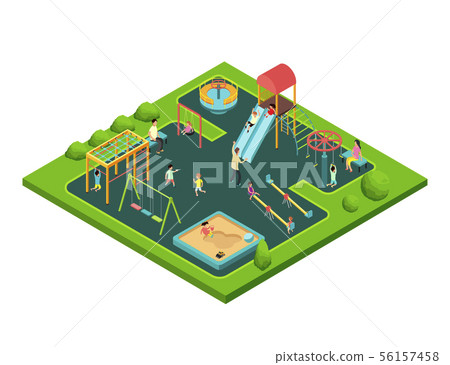 Children playing with parents on kids playground with game equipment. Isometric cartoon vector with Children playing with parents on kids playground with game equipment. Isometric cartoon vector with 56157458