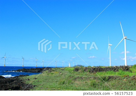 Xinchang wind farm, coastal road, wind power generator, lighthouse, sea, 56157523