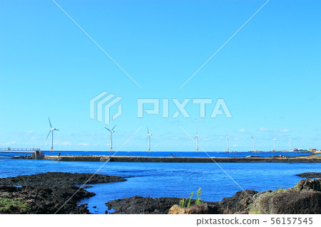 Xinchang wind farm, coastal road, wind power generator, lighthouse, sea, 56157545