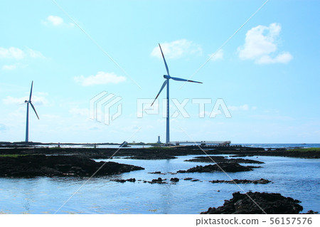 Xinchang wind farm, coastal road, wind power generator, lighthouse, sea, 56157576