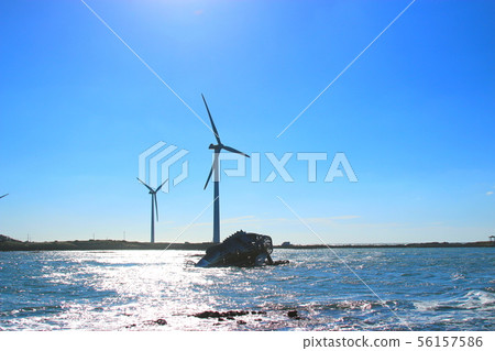 Xinchang wind farm, coastal road, wind power generator, lighthouse, sea, 56157586