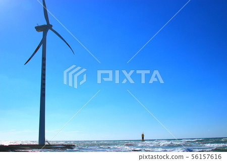 Xinchang wind farm, coastal road, wind power generator, lighthouse, sea, 56157616