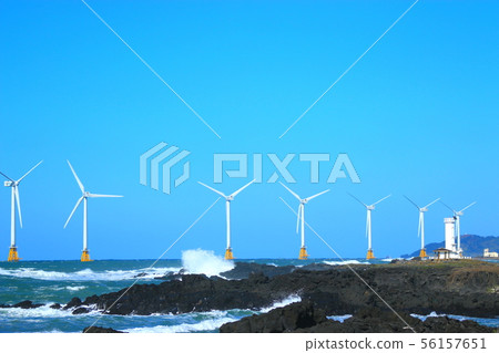 Xinchang wind farm, coastal road, wind power generator, lighthouse, sea, 56157651