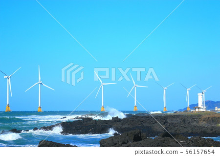 Xinchang wind farm, coastal road, wind power generator, lighthouse, sea, 56157654