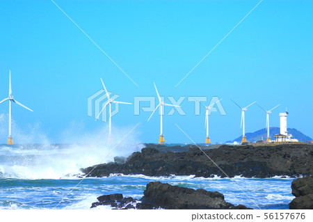 Xinchang wind farm, coastal road, wind power generator, lighthouse, sea, 56157676