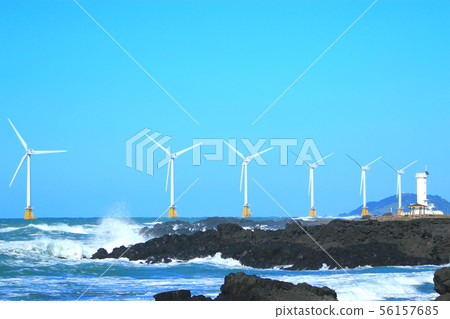 Xinchang wind farm, coastal road, wind power generator, lighthouse, sea, 56157685