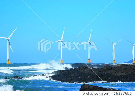 Xinchang wind farm, coastal road, wind power generator, lighthouse, sea, 56157696