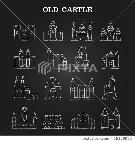 White chalk medieval castles set on blackboard White chalk medieval castles set on blackboard 56159090