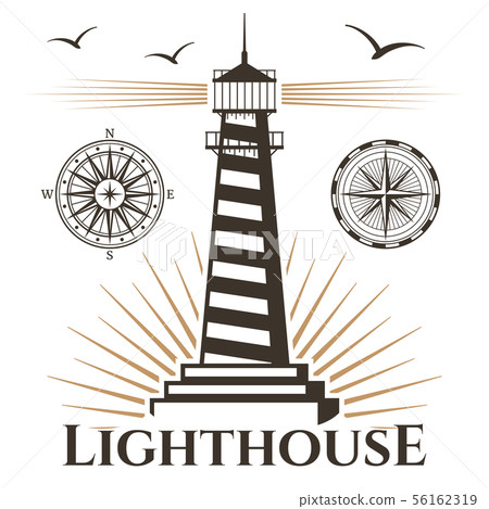 Sea nautical lighthouse and vintage compasses emblem 56162319