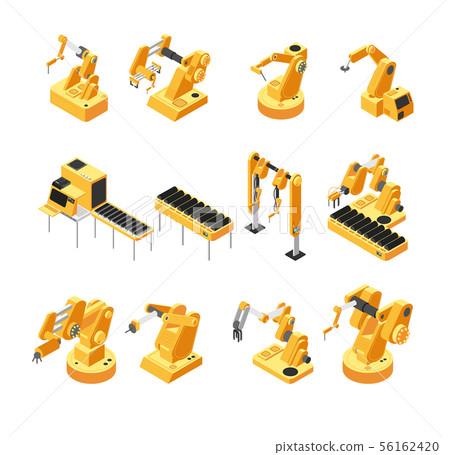 Industry robot machinery, mechanical arm isometric vector set 56162420