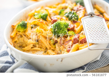 Baked pasta penne with broccoli smoked pork neck Baked pasta penne with broccoli smoked pork neck 56181877
