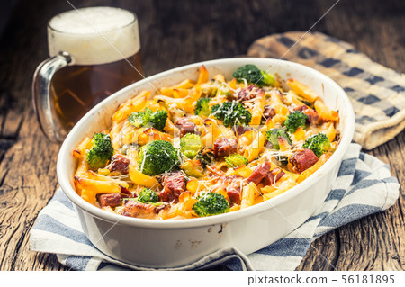 Baked pasta penne with broccoli smoked pork neck 56181895