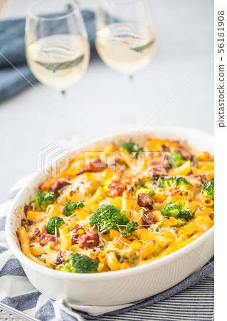 Baked pasta penne with broccoli smoked pork neck 56181908