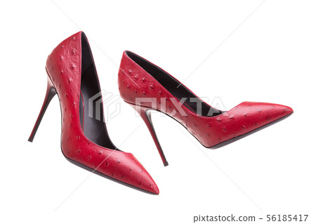 Red high-heeled shoes. Women's ostrich leather Red high-heeled shoes. Women's ostrich leather 56185417