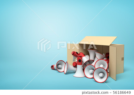 3d rendering of cardboard box lying sidelong full of red and white megaphones on light-blue 56186649
