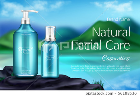 Cosmetics bottle on mountain landscape background Cosmetics bottle on mountain landscape background 56198530