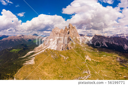 Amazing aerial top view on Seceda Mount peak and valley from drone. Trentino Alto Adige, Dolomites 56199771