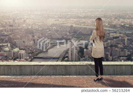 A businesswoman standing on roof looking at city A businesswoman standing on roof looking at city 56213264